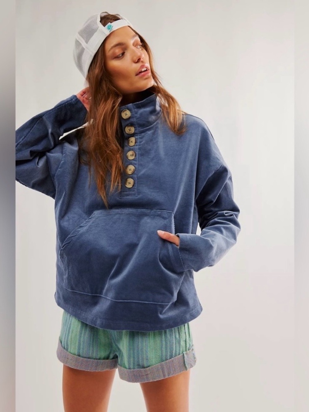 Free People Blue Corduroy Pullover Size Large
